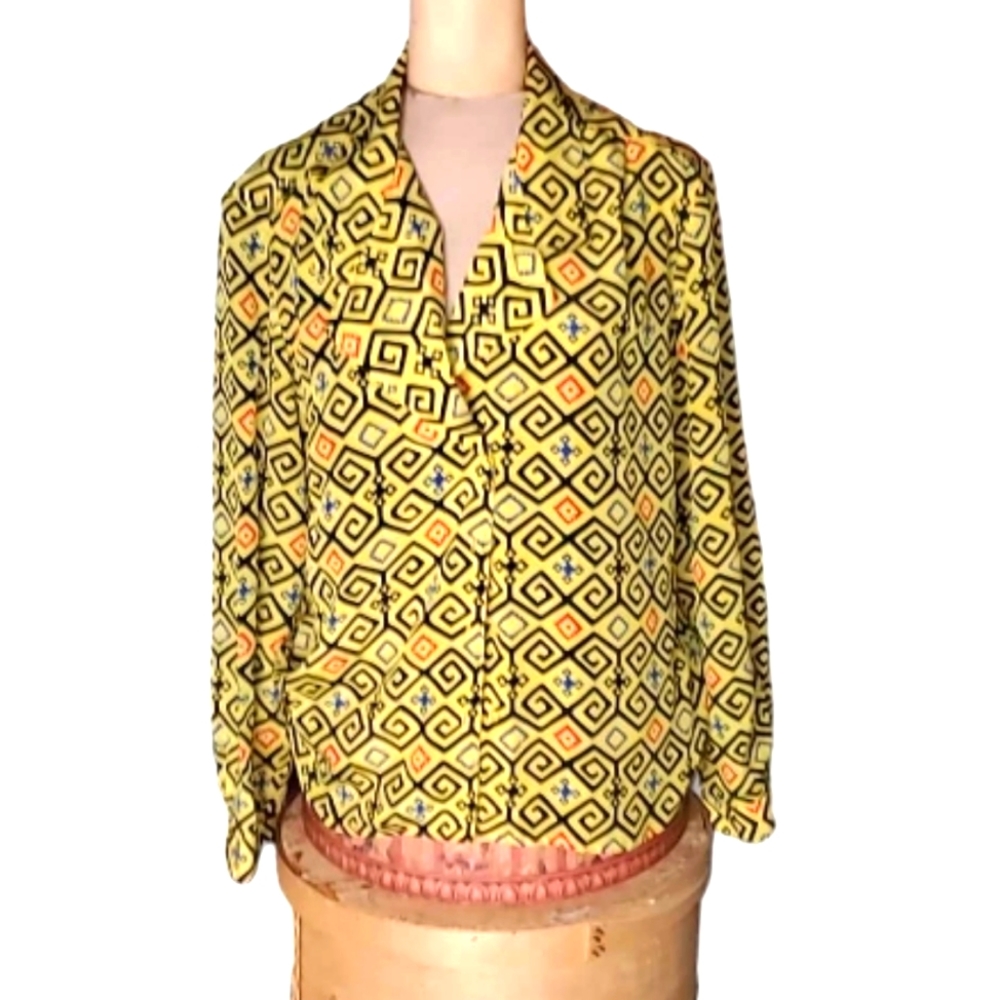 Ship 'N Shore Bright Yellow Black Blue Red - Orange Womens Retro ButtonUp Top